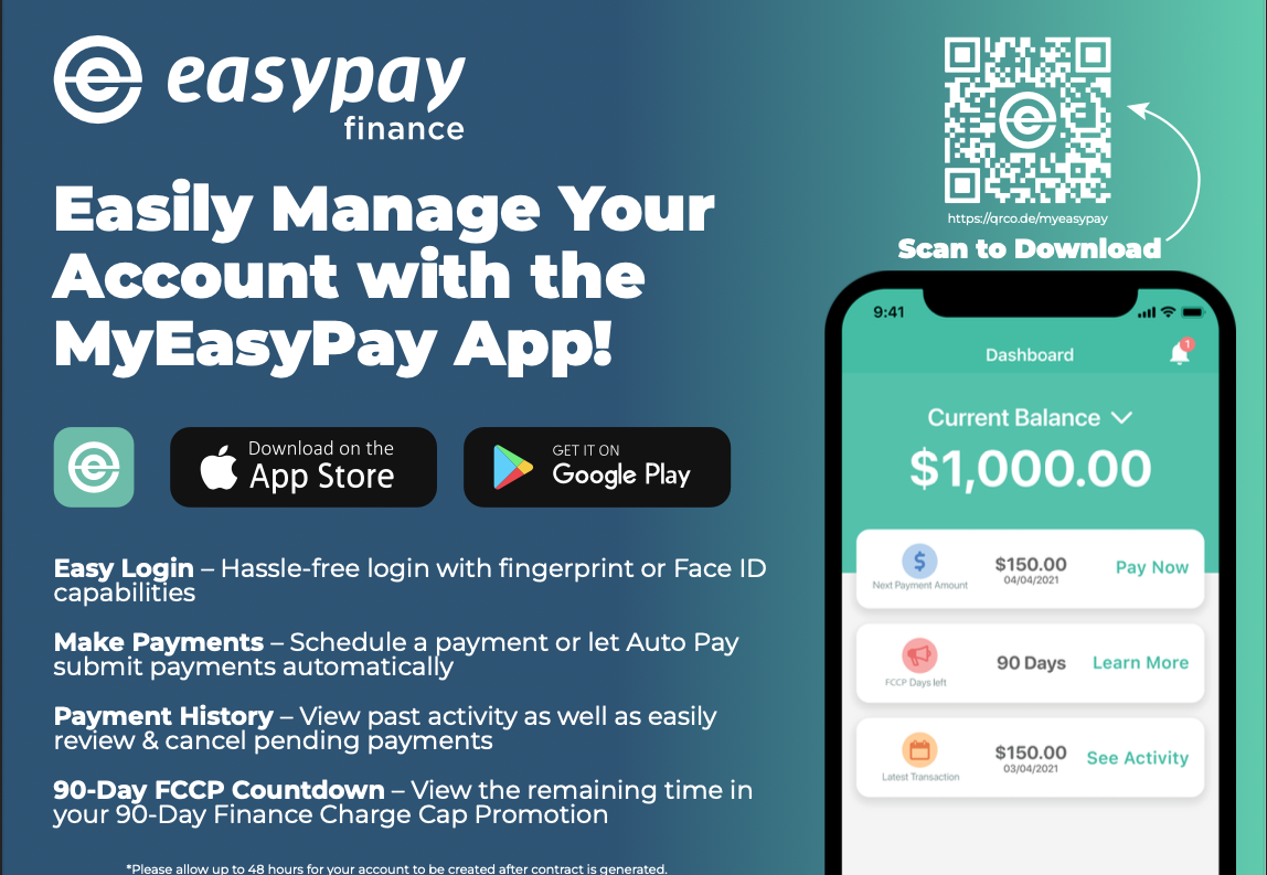 EasyPay Finance Mobile App Promotional banner for MyEasyPay app, showcasing features and QR code for download.